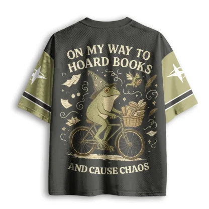 Frog Wizard Bicycle Book Graphic Mesh V Neck T-shirt Men Summer Loose Street Tee