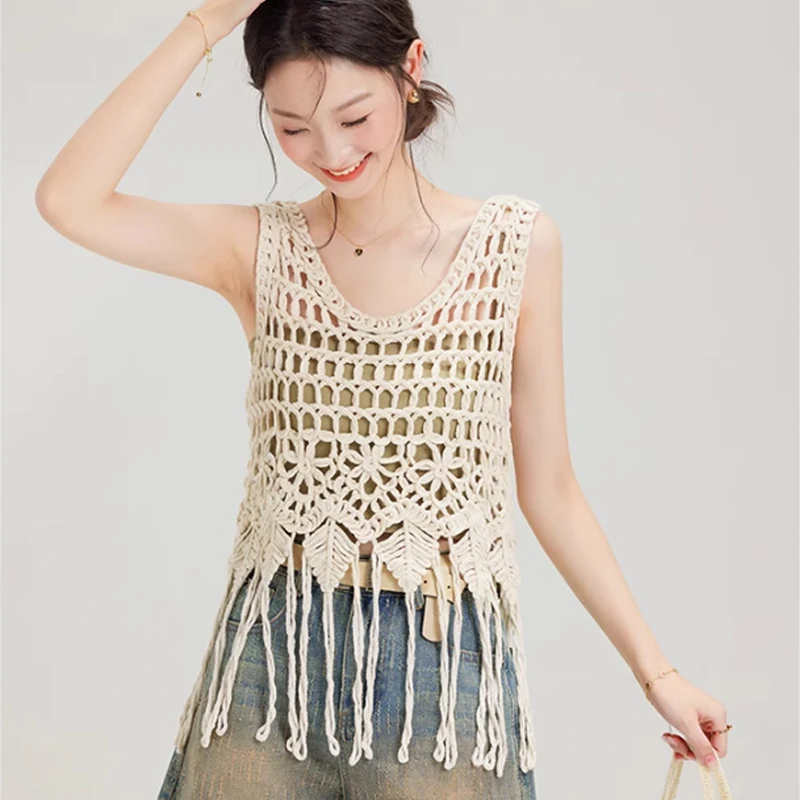 

Summer Knitted Vest Tops Retro Sleeveless Tassel Shirt Fashion Women Hook Flower Hollow Out Pullovers Blouse