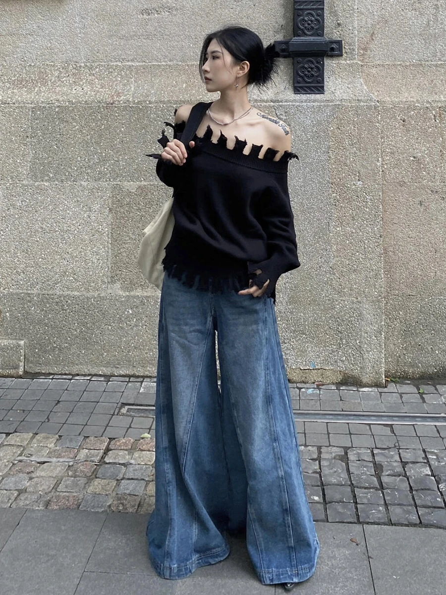 REDDACHiC ICON Women Whiskers Baggy Jeans Seam Stitched Solid Low Rise Do Old Denim Elephant Bell Bottoms Casual Vintage Clothes