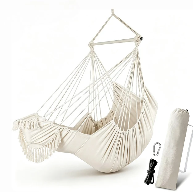 Thick Foldable Iron Stand Hammock Chair Gray Extra Long Cotton Canvas Tassel Swing Seat For Backyard Balcony Bedroom