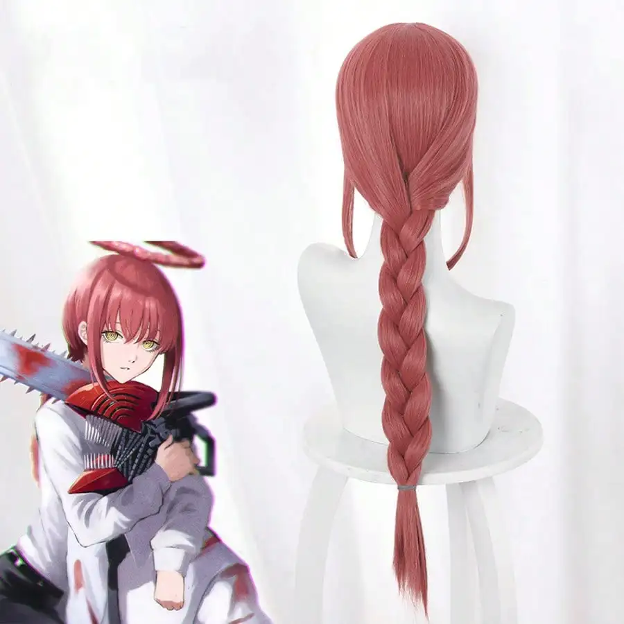 Long Dark Pink Makima Wig Synthetic Anime Cosplay Wigs With One Braid Heat Resistant Cosplay Synthetic Wigs Halloween Party image 4