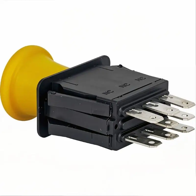 652F Panel Mount Push Button Switches with 8 Blade Terminals, Yellow Mushroom Button and Plastic Housing for Integrated