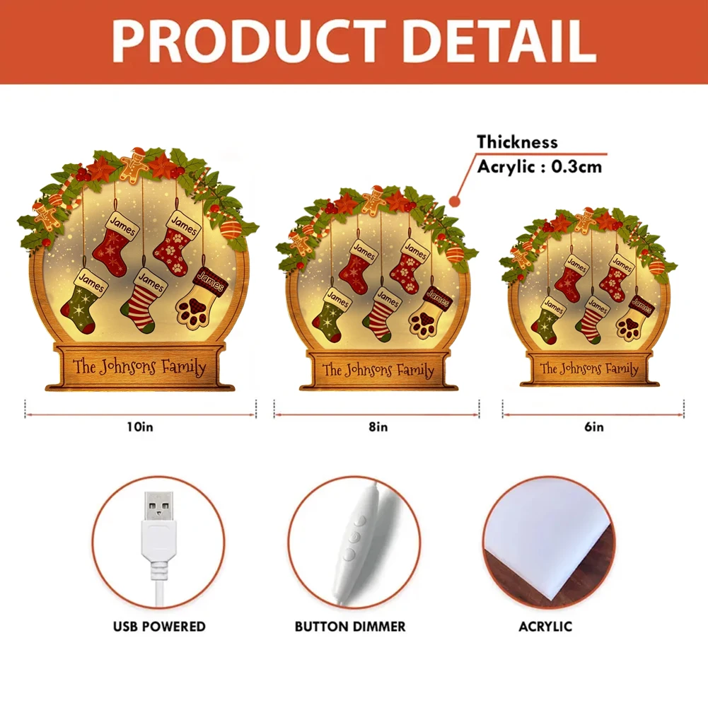 Custom Christmas Family Name Night Light Personalized Family Christmas Stockings 3D Acrylic LED Light Box Gifts for Grandparents