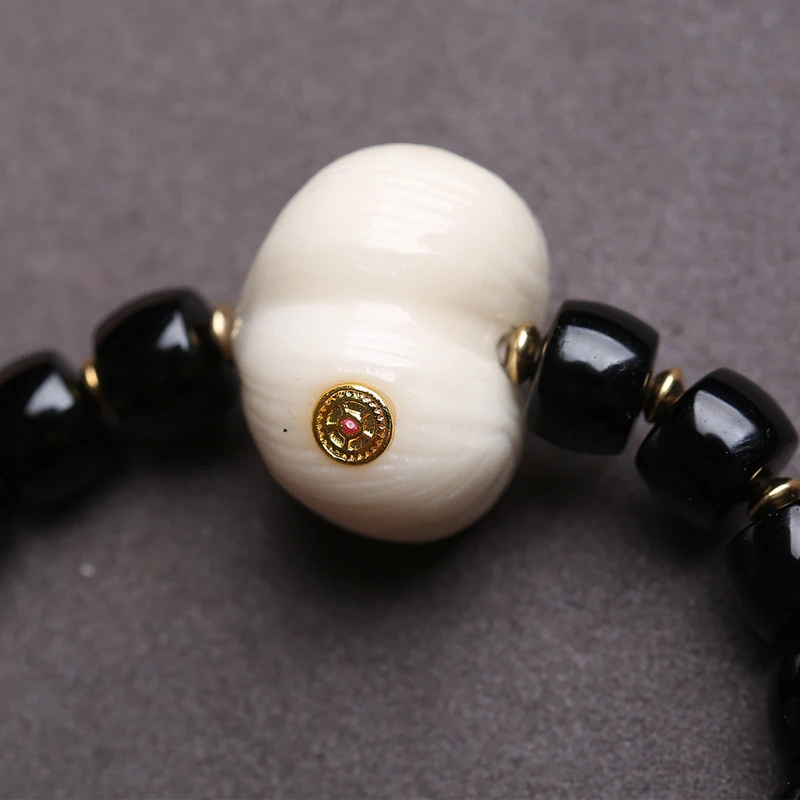 Black agate bracelet with beads, vintage bone peace, ivory peach, monkey bodhi, gourd accessories - view 2