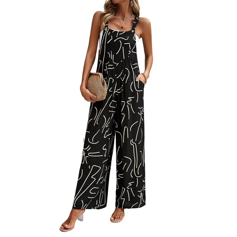 Summer New Womens Clothing Elegant Printed Women Sling Jumpsuit Simplified Square Neck Female Jumpsuits