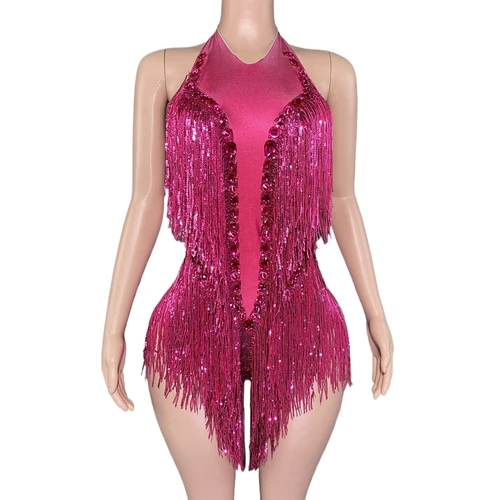 Body brillante con lentejuelas y cristales de color rosa intenso para mujer, traje de baile Sexy con espalda descubierta, ropa para actuación de bailarina y espectáculo