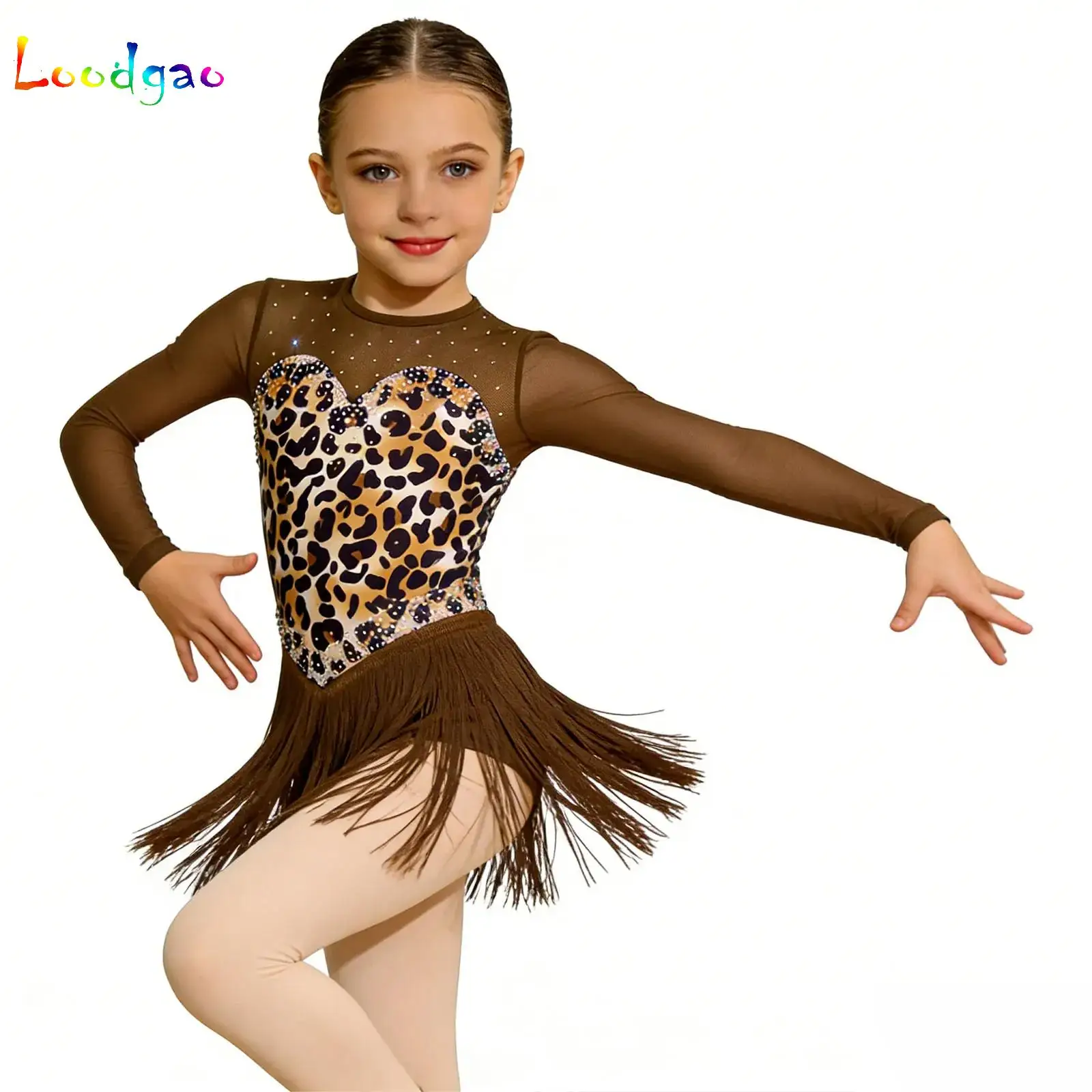 

Leopard Fringe Latin Dance Dress Bachata Ballroom Tango Salsa Dress Child Kid Girls Competition Professional Latin Dance Costume