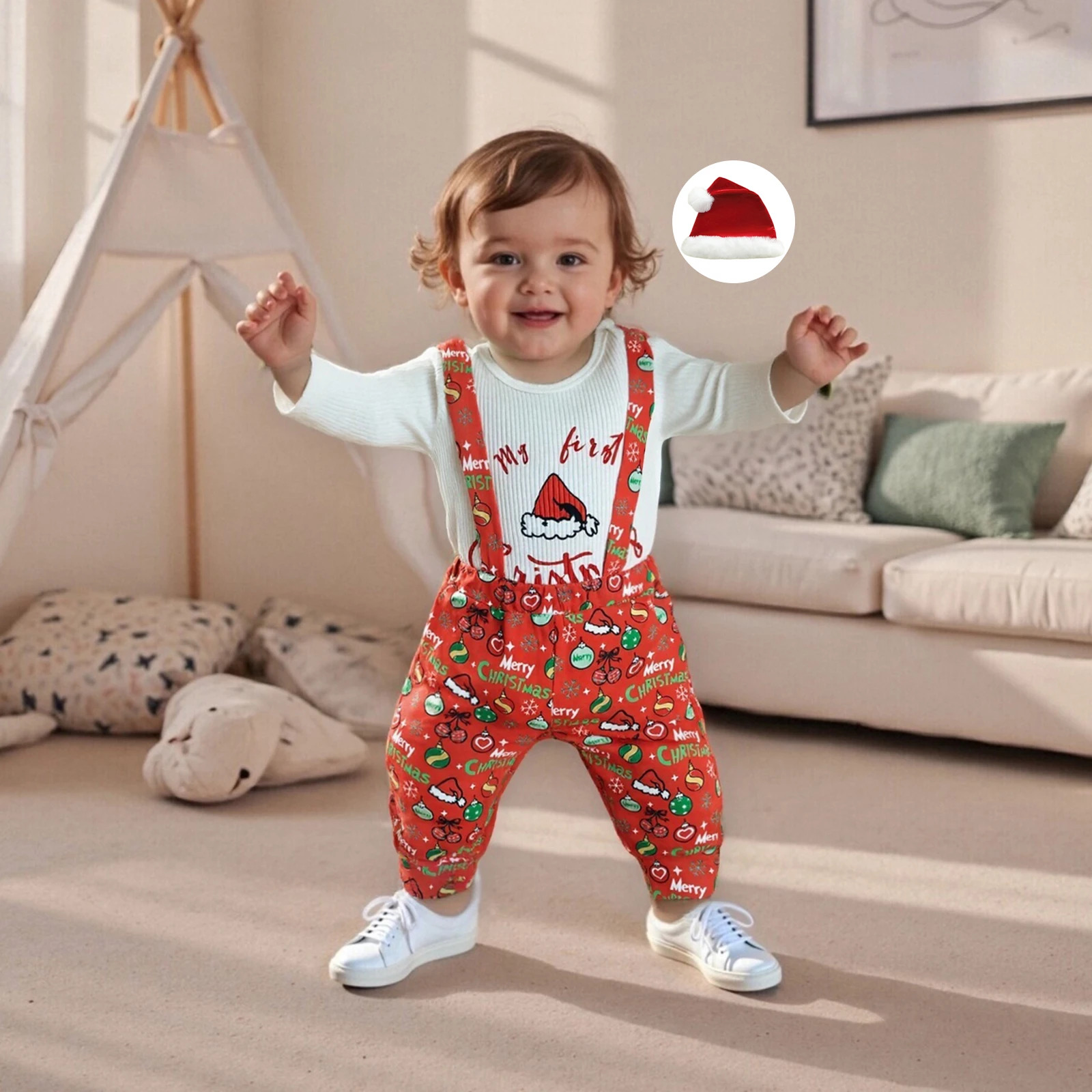 

Baby Boy Clothing Sets Christmas Hat Print Long Sleeve Romper with Overalls and Hat Newborn Clothes 3Pcs Outfits