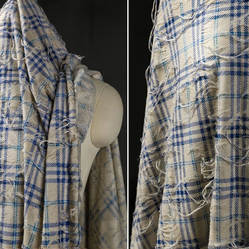 

Blue Plaid Knitted Fabric for Retro Elastic Fashion Clothing Designer Apparel Diy Sewing Fabrics By The Meter Cloth Material