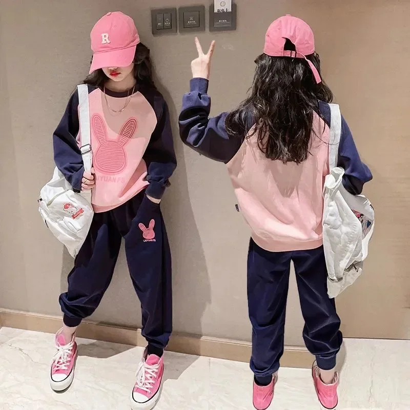 2024 Spring Autumn Girls Clothing Set Cartoon Rabbit Pattern Sports Top +Pants 2Pcs For 4-14Y Teen-agers Kids Casual Suit