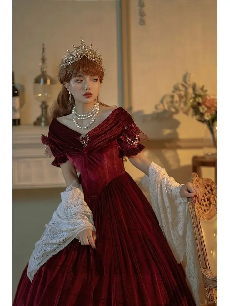 Custom made Historical Victorian Red Velvet Dress Halloween Ball Gown Vintage Gothic Rococo Renaissance Costume