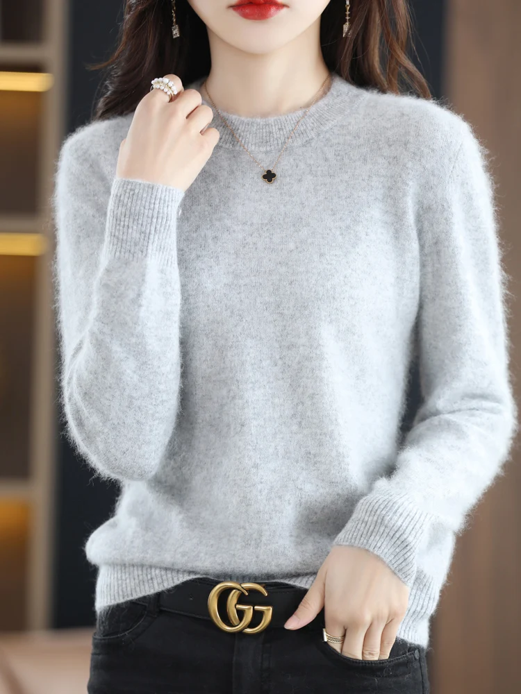 100% Mink Cashmere Sweater Women's O-Neck Knitted Pullover Loose Large Size Sweater Casual Thick Blouse Autumn Winter Base Shirt