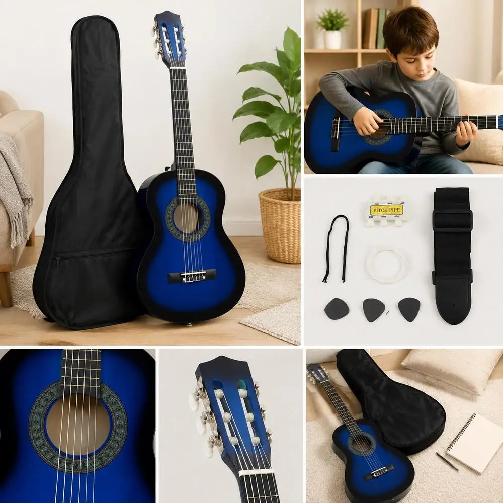 Ensemble de guitare classique d'entrée de gamme, kit de démarrage de haute qualité pour débutants, ensemble de guitare classique taille 1/2, corps en tilleul, comprend une housse de transport, une sangle, des médiators, un accordeur, instrument de pratique musicale pour enfants débutants, bleu, 34 pouces