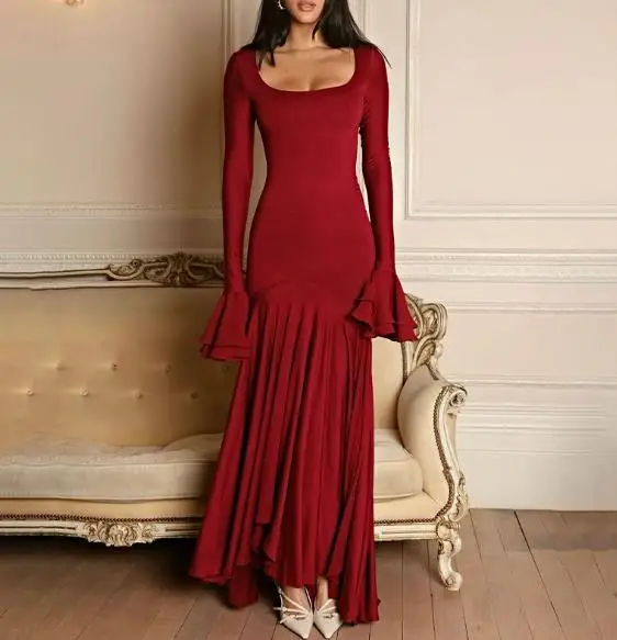 

2025 Fashionable and Personalized Round Neck Tight Fitting Hip Hugging Fish Tail Dress for Women, Elegant Flared Sleeve Dress