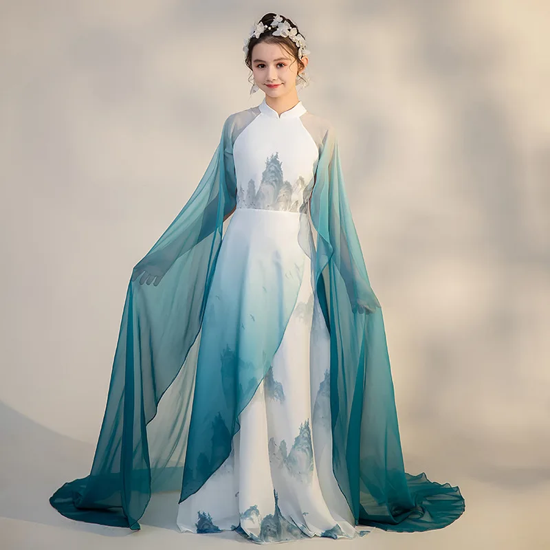 

Hanfu Girls 2024 New Children's Cantata Retro Recitation Competition Performance Landscape Painting Guzheng Clothing Summer