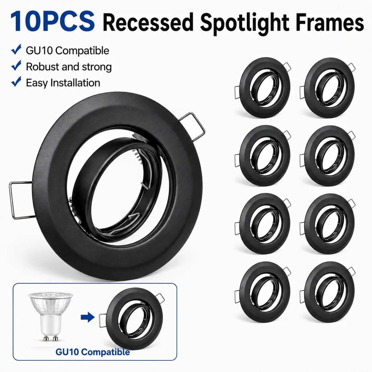JOYINLED 2/6/10PCS Adjustable Recessed Spotlight Frame Black LED Ceiling Downlight Trim Housing for GU10 MR16 Bulbs Fixture