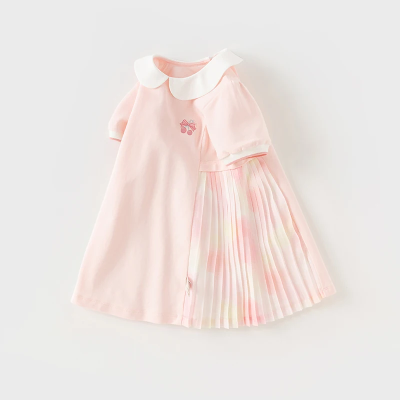 Dave Bella Girl's Princess Polo Dress 2024 New Summer Children's Baby Short Sleeves Cute Sweet Pink Casual Pleated DB2241029