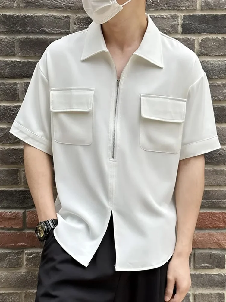 

Мужская рубашка из ледяного шелка с молнией и коротким рукавом, модный дизайн, повседневная рабочая одежда, приталенный крой, молодежная, летняя, стильная, модная рубашка