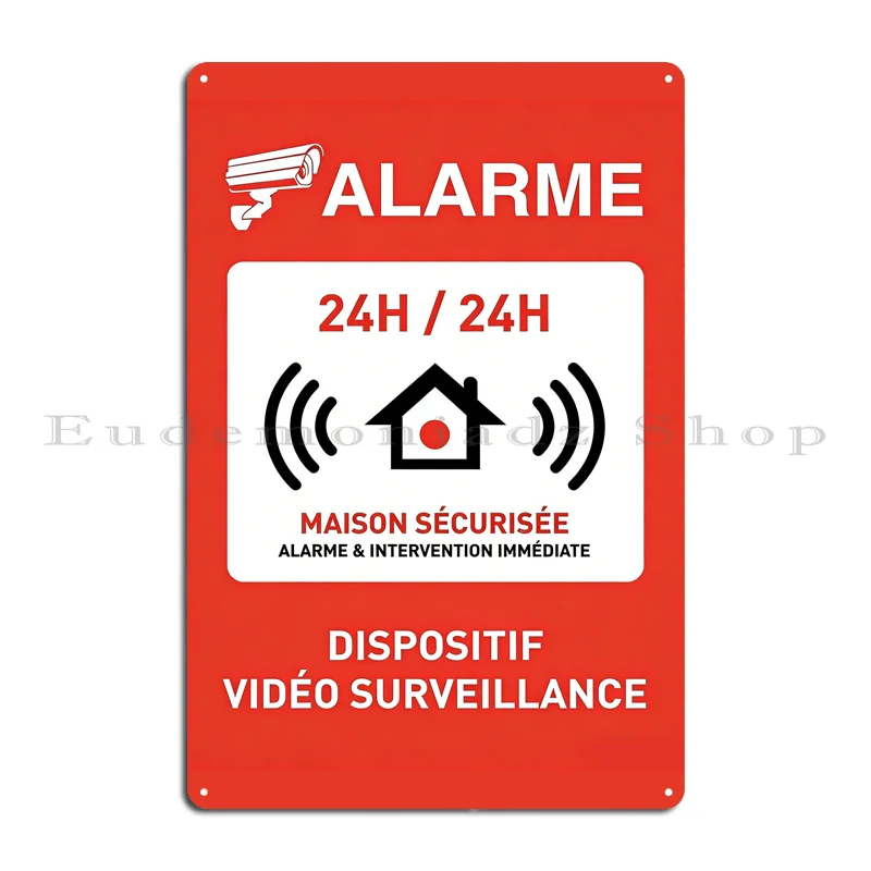 Retro 24h Alarm System Metal Sign Plaque Vintage Spanish Security Decoration with Icons Red Home Plates Tin Sign Poster