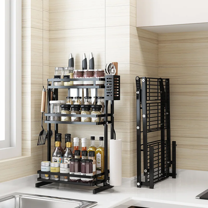 

No-Tool Stainless Steel Spice Rack - Foldable Kitchen Organizer for Condiments & Seasoning Jars - Countertop Space Saver