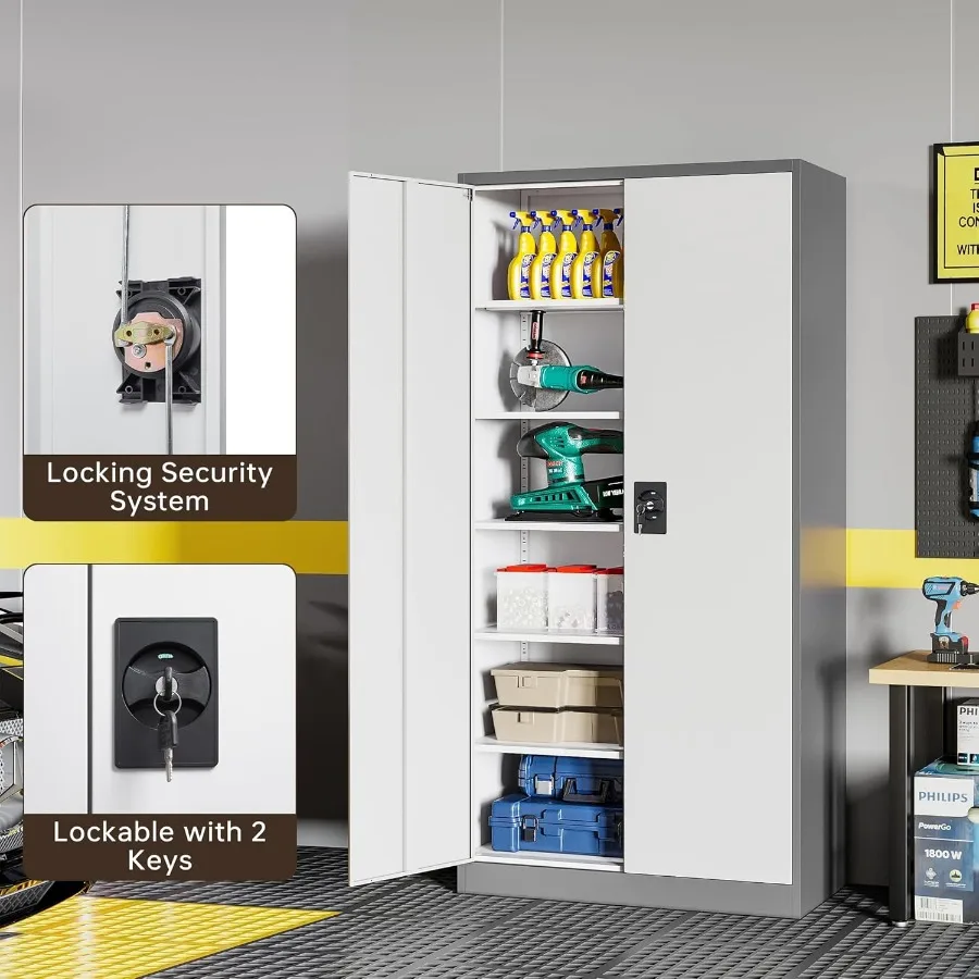 خزائن تخزين جراج معدنية مع قفل 72 خزانة أدوات طويلة مع بابين و5 أرفف قابلة للتعديل قفل خزائن المرآب والموقع #4