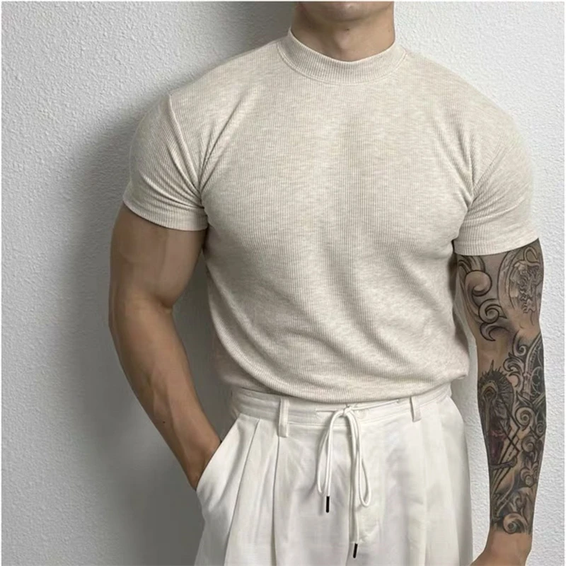 Men Clothing Summer Short Sleeve Fitness Gym Training Tees Half High Collar Solid Skinny T-shirt Male Running Ribbed Basic Tops