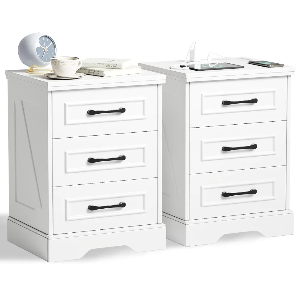 

Night Stand Set 2 with Charging Station, 26" White Wood Nightstand with 3 Large Drawers, Farmhouse Morden Side Table with Type C