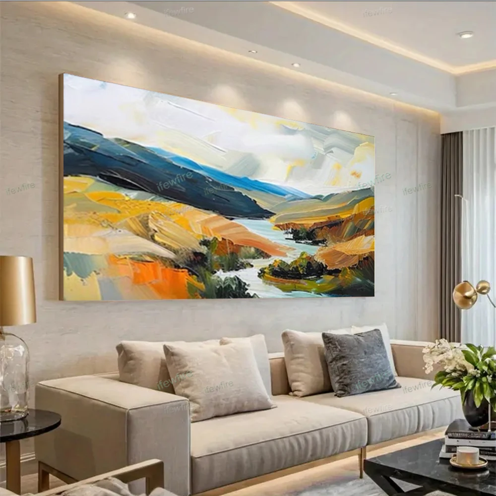 Hand-painted Oil Painting on Canvas Modern Abstract urban architectural landscape mural golden texture outline map home Decor