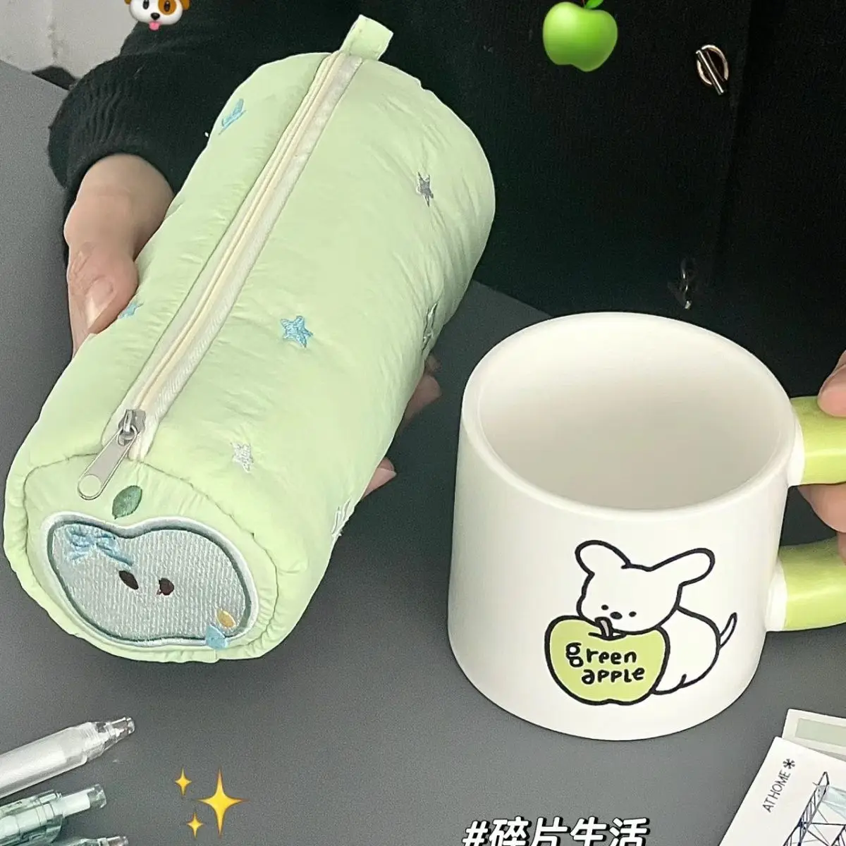 귀여운 그린 애플 핑크 케이크 필통 보관 가방, 화장품 가방, 학생 문구류, 학교 용품
