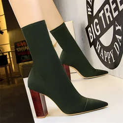 Women Fashion High Heel Solid Boots Wood Grain Square Heels Socks Boots Stretch Fabric Elastic Pointed Toe  Ankle Boot