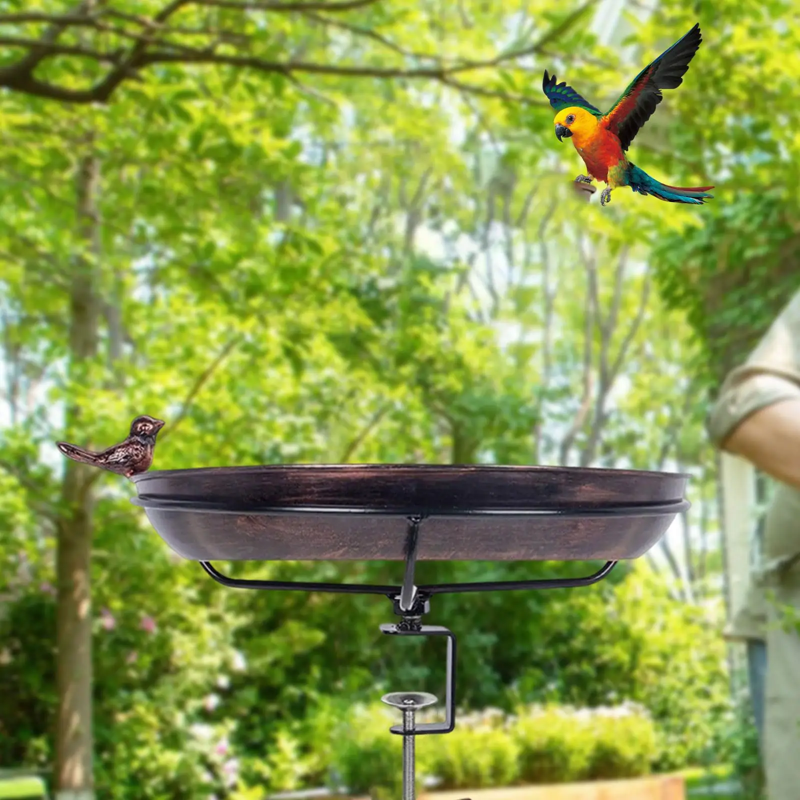 

Deck Mounted Bird Bath Bowl with Clip Metal 12 inch Garden Supplies Bird Feeder for Backyard Outside Fence Balcony Yard Art
