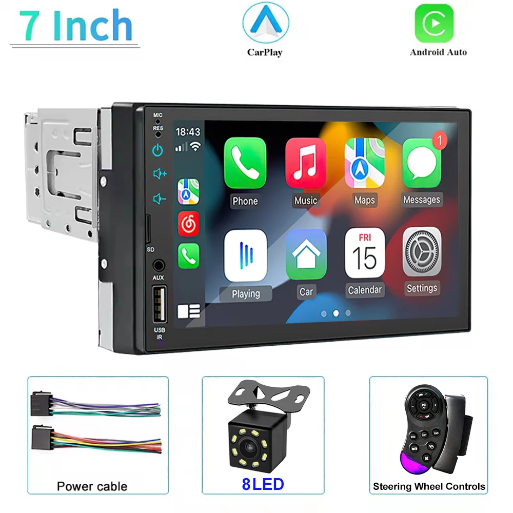 1 Din Carplay Autoradio Multimedia 7 ''IPS Touchscreen Bedraad Carplay Android Auto Bluetooth USB SD Universele Autoradio 1din mp5