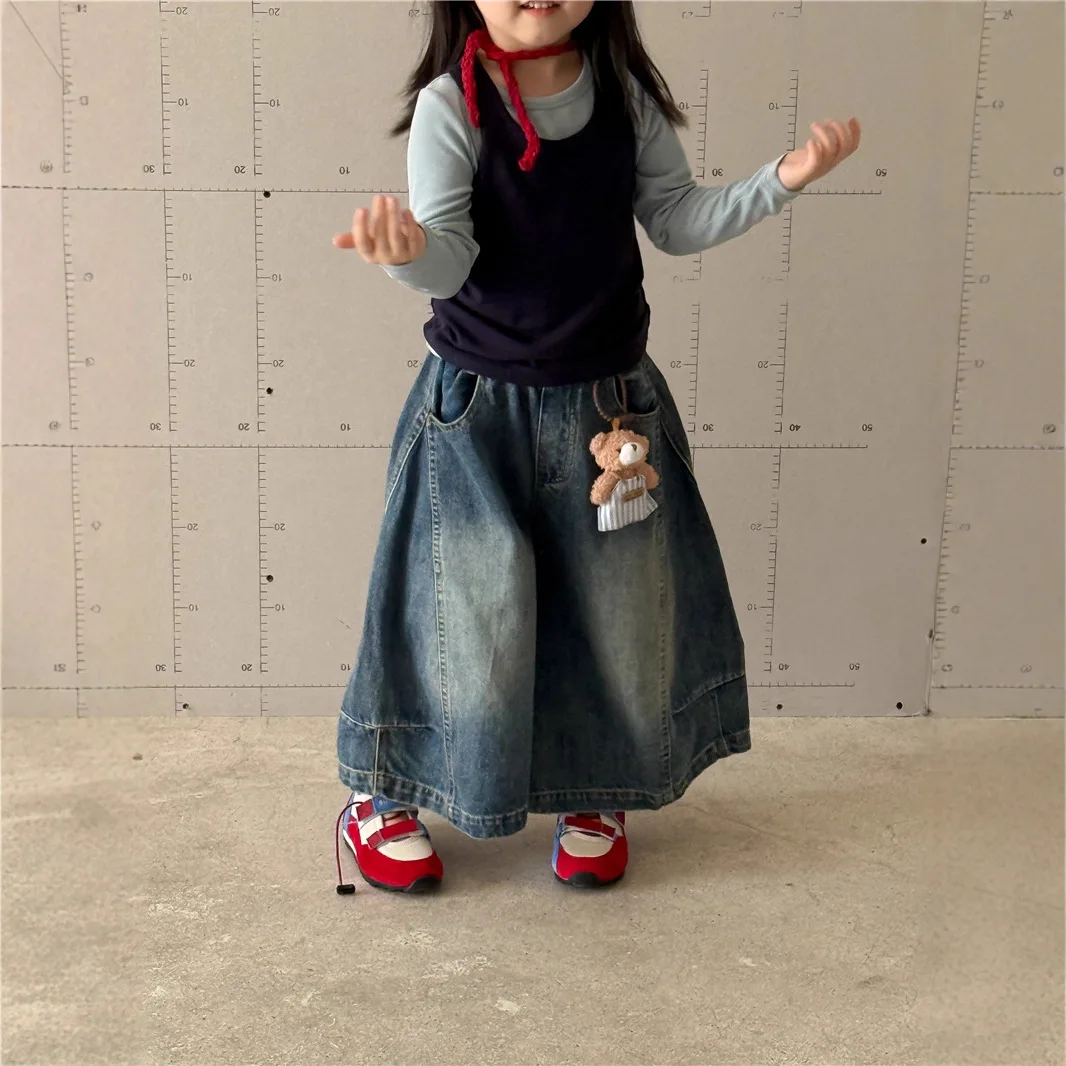 Jeans Cartoon Pendants Wide-leg Grils Children Boys Fashionable Korean Loose Casual Cotton All-matching Solid Comfortable
