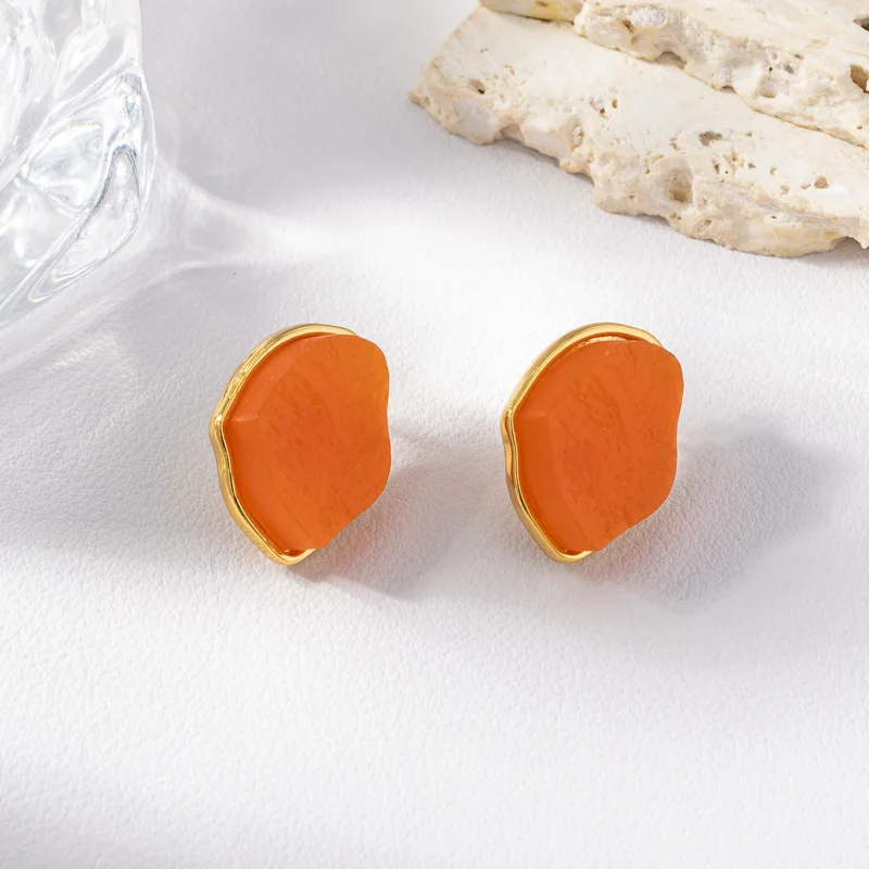 New Trendy Orange Gummy Sense Irregular Lava Effect Stud Earrings Hong Kong Style Retro Gentle Niche Design Personality Earrings