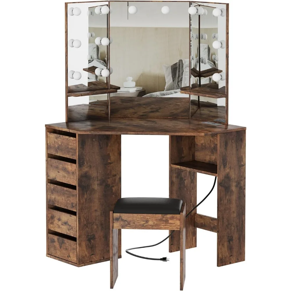 

Corner Vanity with Mirror and LED Light - Vanity with 5 Drawers, Shelves, and Vanity Stool - Perfect for Bedrooms