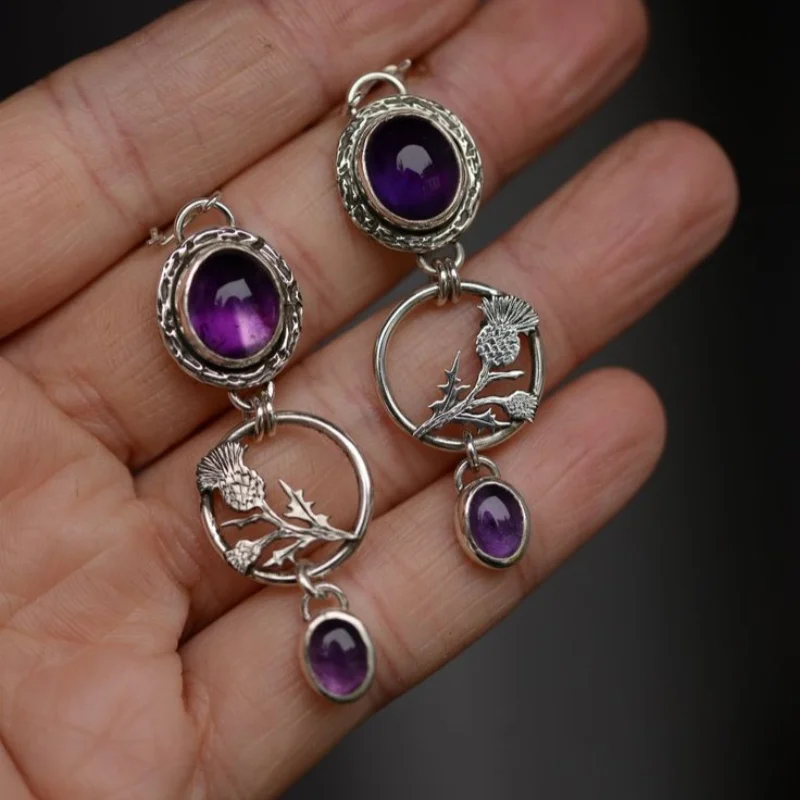 New Retro Bohemian Women's Earrings Retro Purple Synthetic Stone Pendant Earrings Ethnic Earhook Beach Party