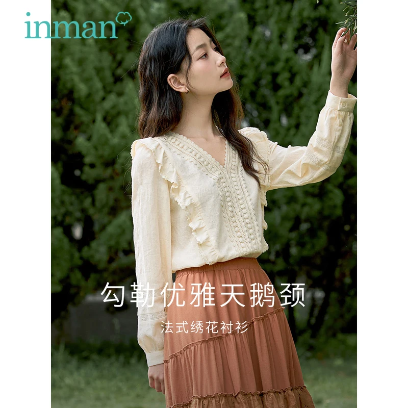 INMAN Women Blouse 2023 Spring Long Bishop Sleeve V Neck Shirts Hollow Lace Panel Design Flounces Pure Cotton Apricot Tops