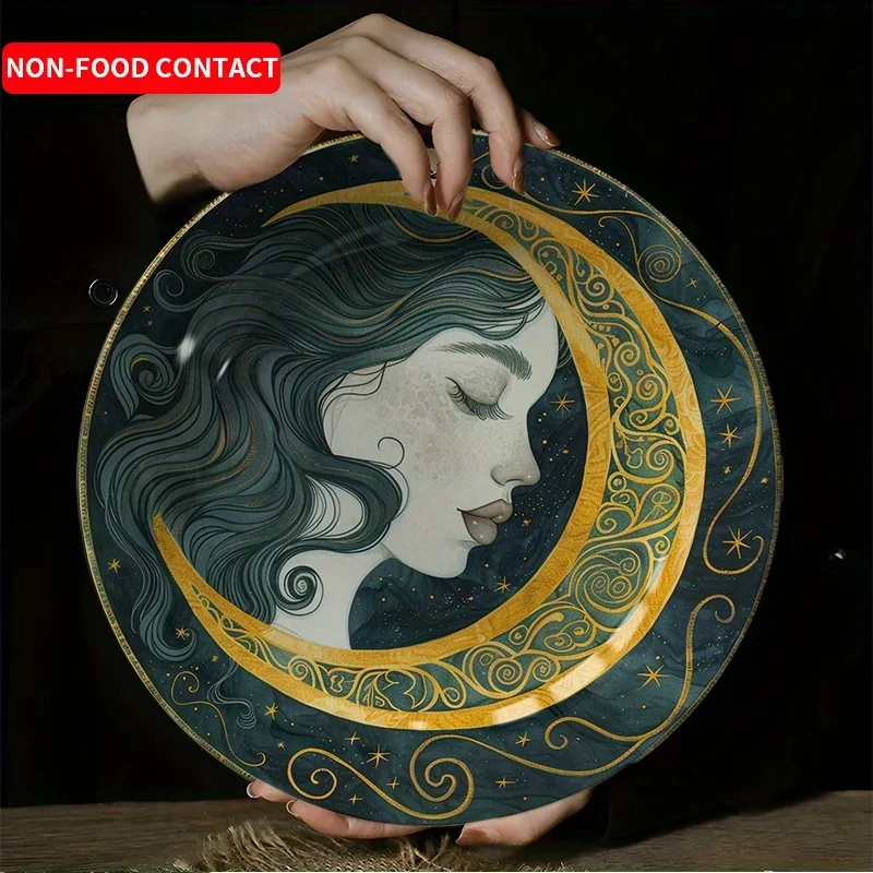 1pc Elegant Ceramic Crescent Moon & Woman Face Art Plate - Celestial Female Profile Wall/Table Decor, Round Non-Food Contact