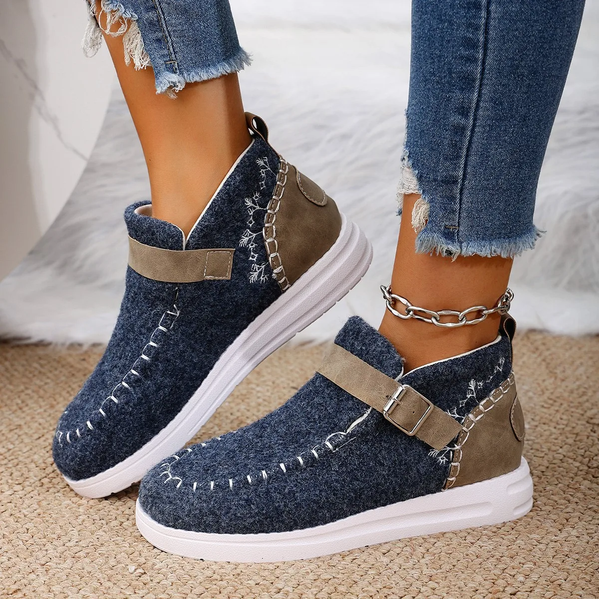 

Women Snow Boots Winter 2024 Fashion Casual Fluffy Shoes for Woman Shallow Sewing Ankle Boot Multi-Color Suede Botas De Mujer