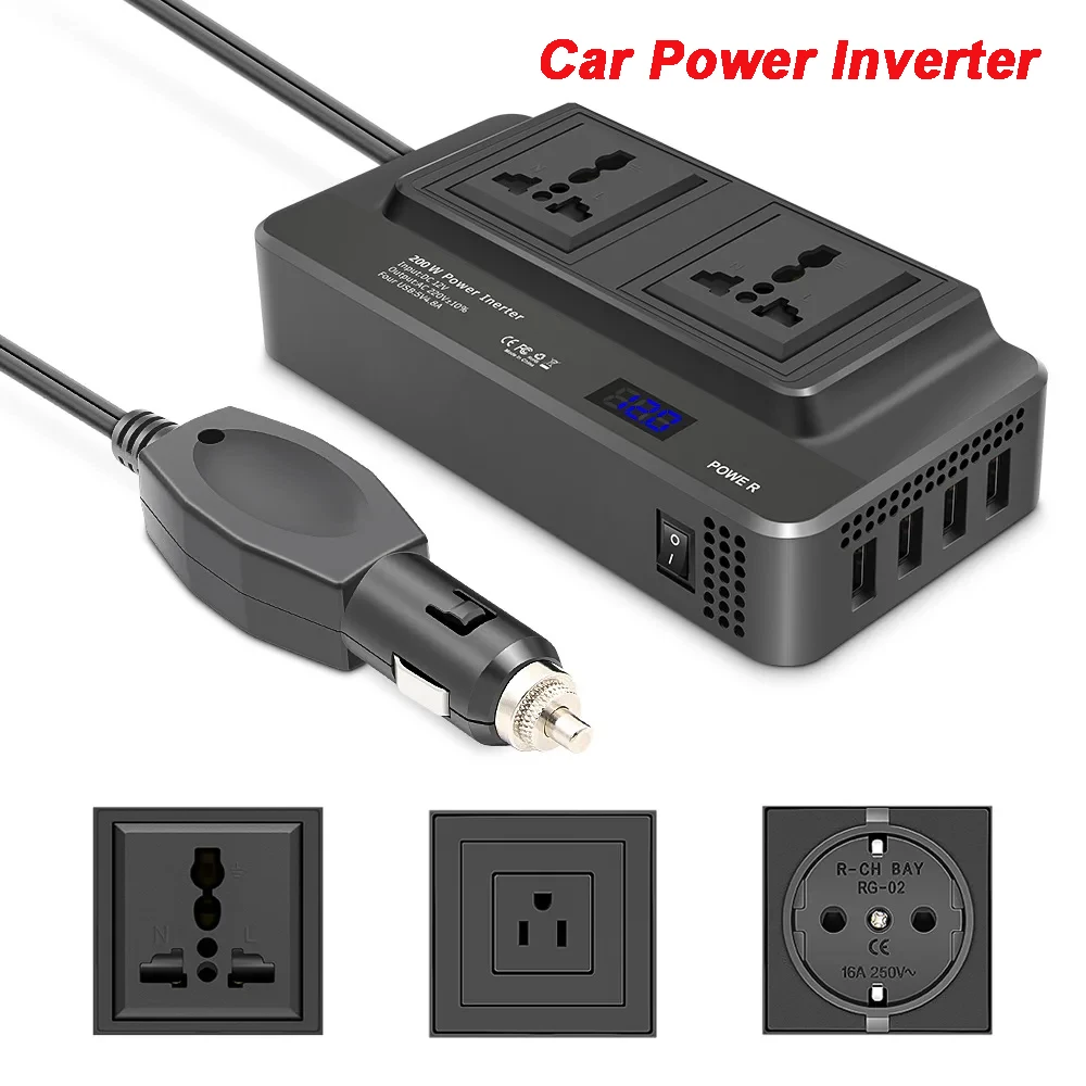 

Car Powe Inverter 12V 200W 2 Sockets Car r Inverter Mobile Universal Socket With 1.2A 4 USB Ports AC 220V Good Quality Low Price