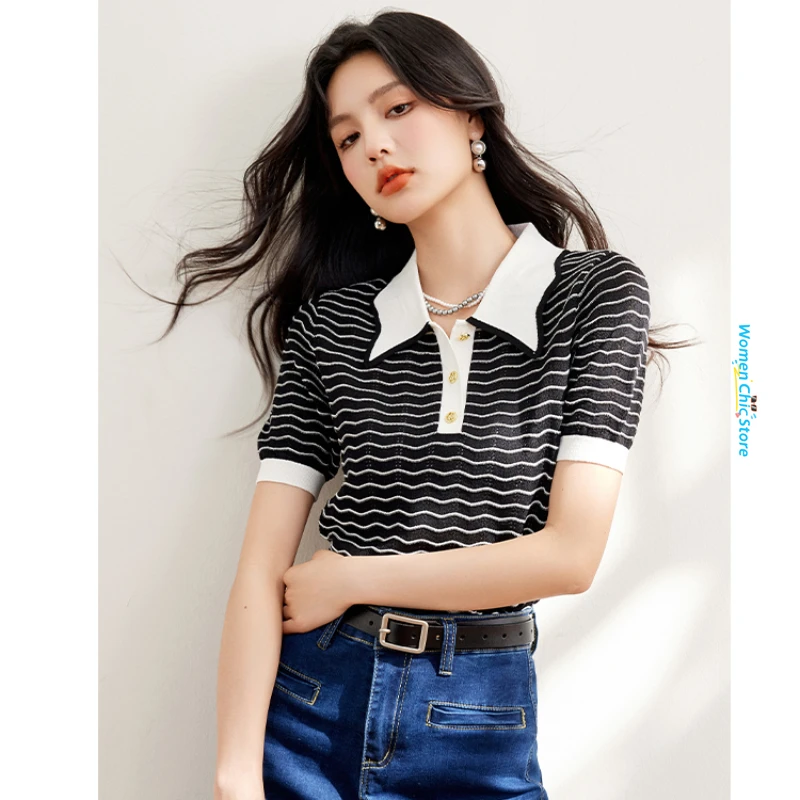 

2024 Summer Thin Knitted Stripe T Shirt Women Tops French Style Elegant Polo Short Sleeve Casual Tees Shirts Clothes Femme B3293