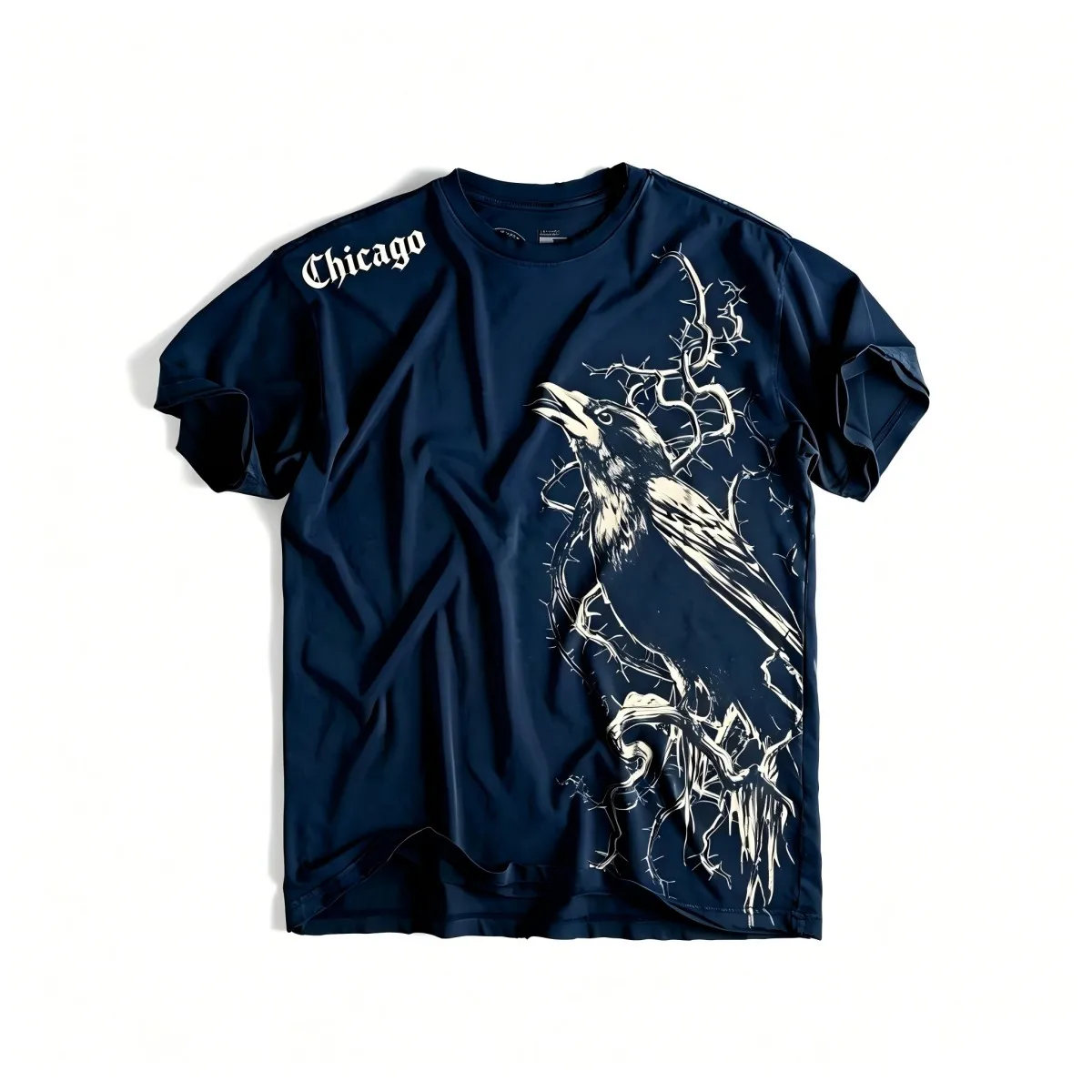 European and American men's summer Chicago letter crow print comfortable and breathable round neck T-shirt outdoor street top