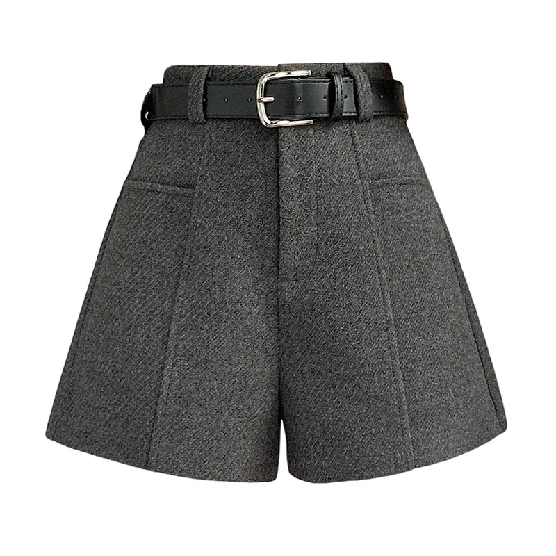 2025 Streetwear Woolen Winter Shorts Woman Casual Loose Wide Leg Short Pants Femme With Belt Booty Grey Black Cargo Shorts Women