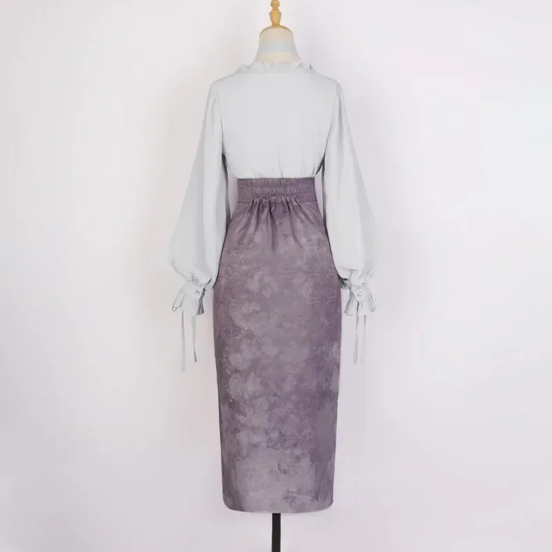 Vestido Hanfu roxo de duas peças para mulheres, estilo chinês melhorado, top de manga lanterna, saia estampada uva, saia doce vintage, outono