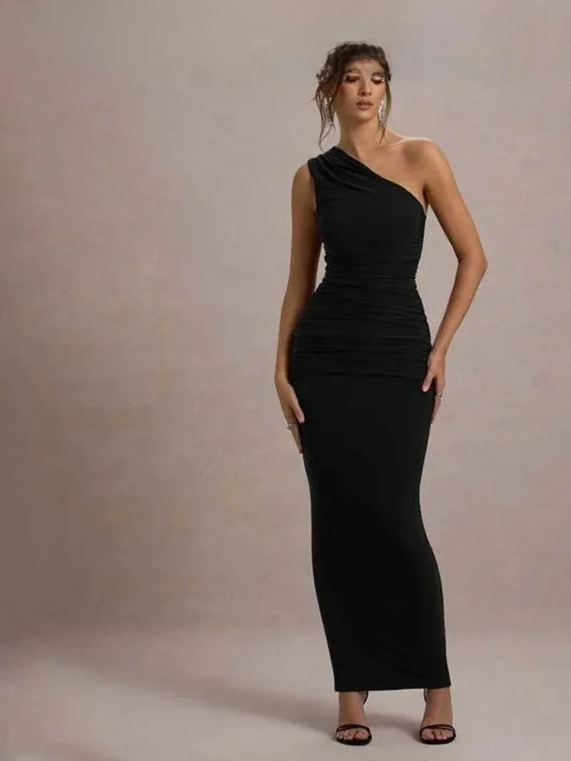 2025 جديد عصري سليم صالح oulder Dr للنساء مائل oulder ثوب مسائي الخصر Cinched تنورة طويلة عالية الخصر لا Sve اللون