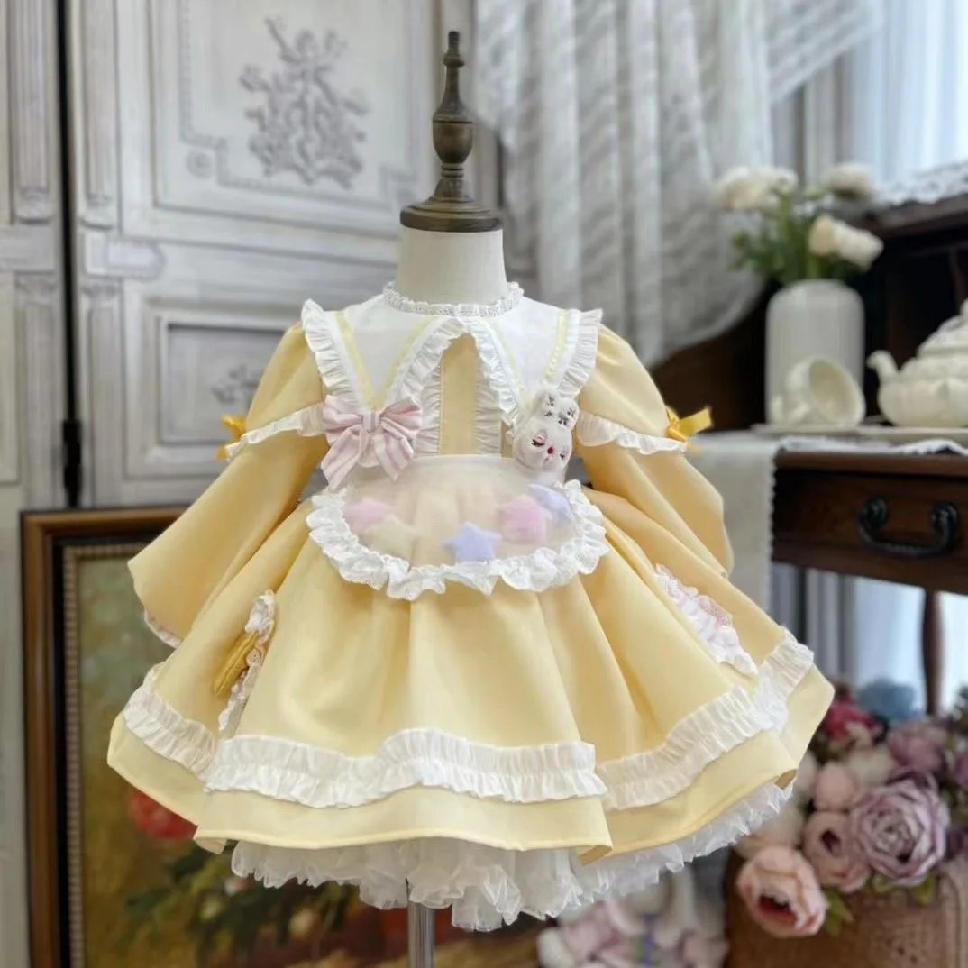 Baby Girl Autumn Spring Summer Yellow Long Sleeve Vintage Spanish Turkish Lolita Princess Gown Dress for Casual Birthday Party