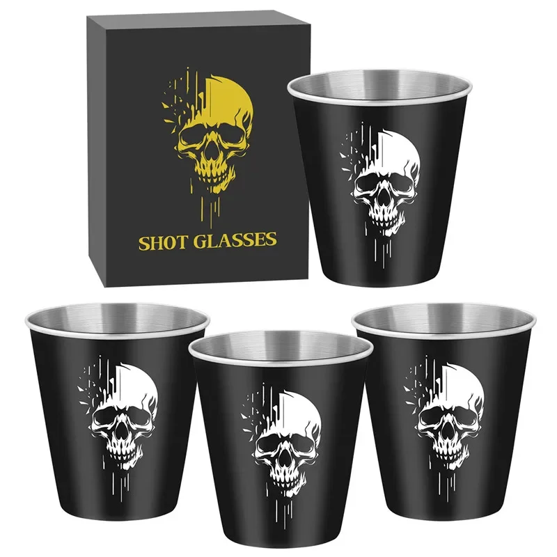 4pcs/set 70ml/2.39oz Skull Head Pattern Shot Glasses Metal Wine Liquor Cups for Kitchen Club Party Barware Event Wedding Gift