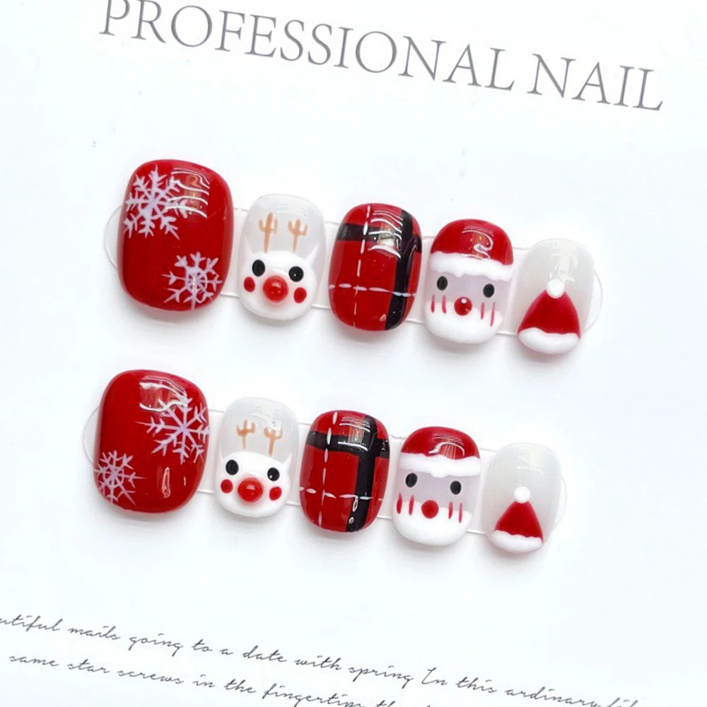 

10 шт., милые рождественские снежинки с изображением северного оленя, короткие нашивки для ногтей, съемные накладные ногти ручной работы, подарок для женщин