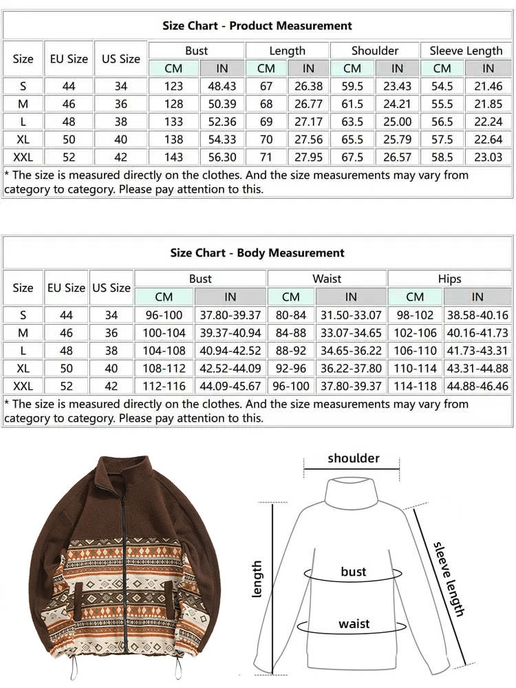 ZAFUL Men\'s Ethnic Aztec Geometric Printed Zip Fly Fluffy Teddy Fleece Spliced Stand Collar Jacket