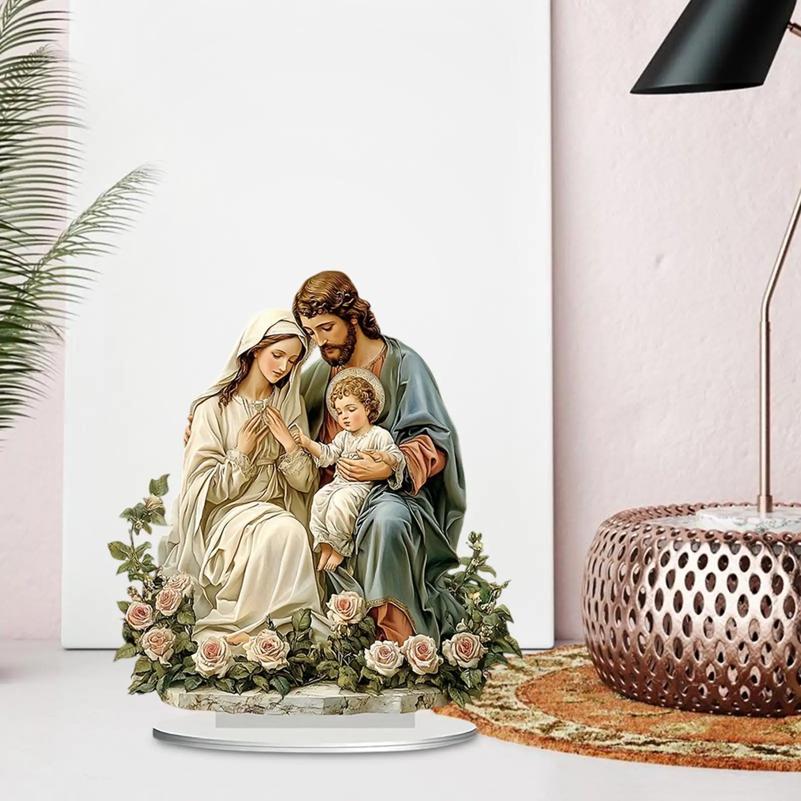 Decoración 2D de la Sagrada Familia, adornos religiosos de escena de nacimiento de Jesús, artesanía artística con Base, para mesa del hogar, regalos de Navidad y cumpleaños